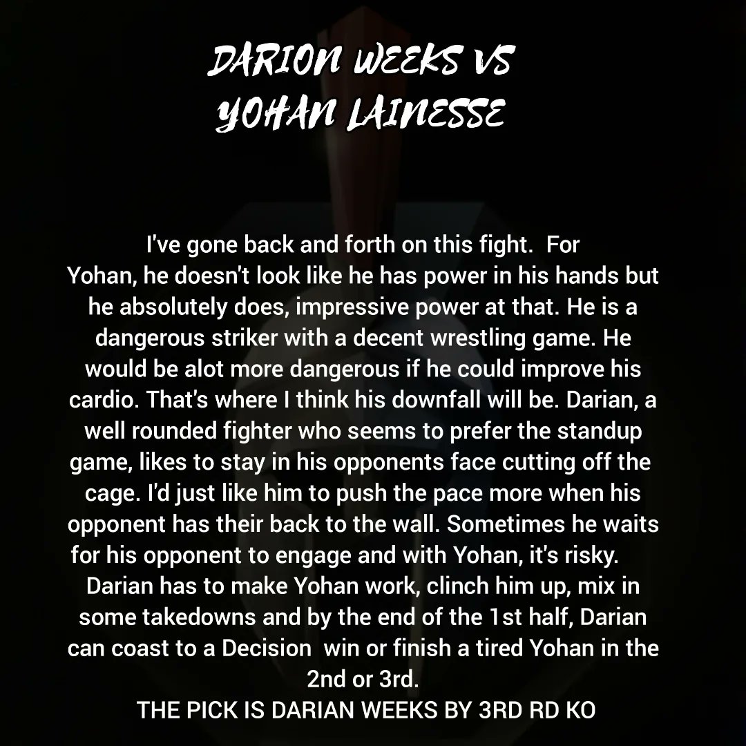 MmaTakedown's tweet photo. #ufc279 
#Darianweeks vs #yohanlainesse
Sorry for the grammar error in the pic Darian*
#Melissamartinez vs #elisereed https://t.co/5MagKbGOsU