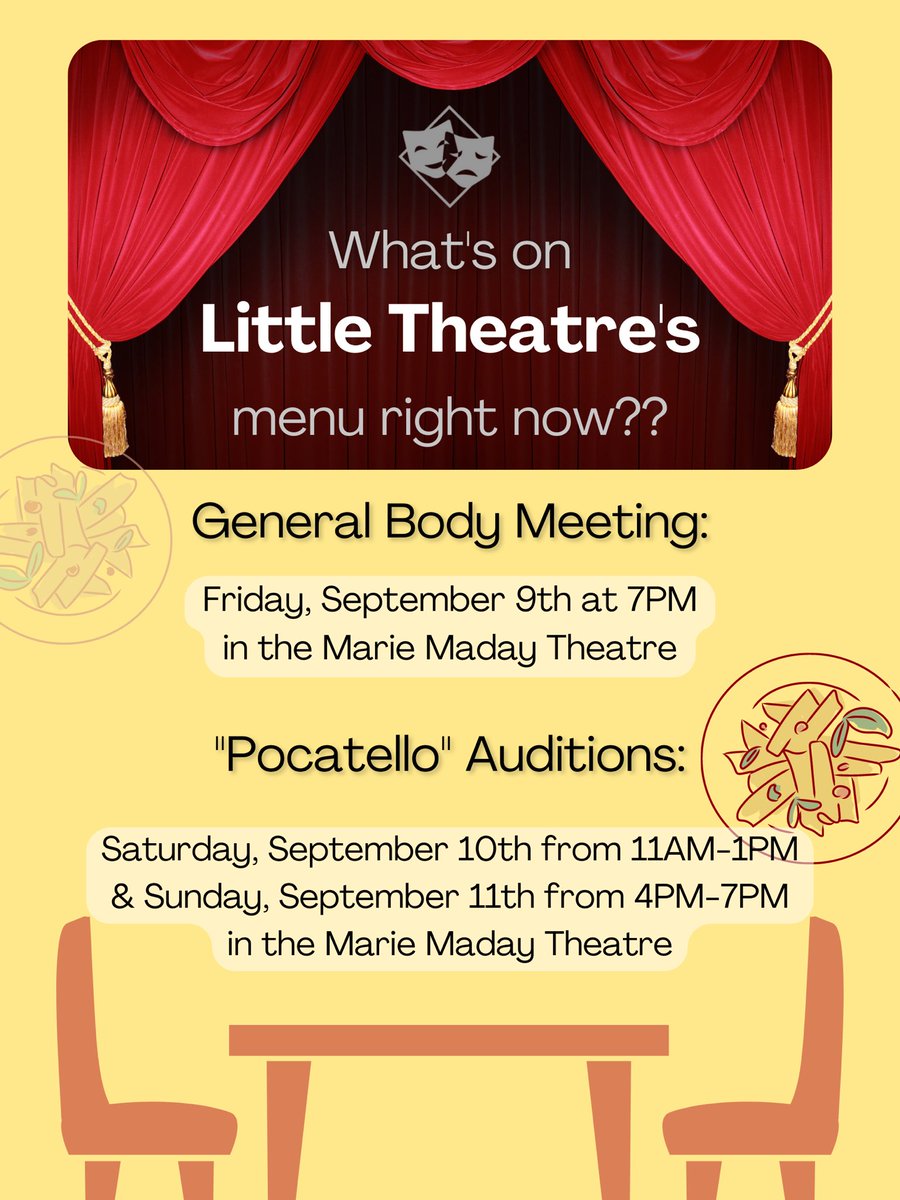 CCLT's tweet image. Come to our General Body meeting this Friday to learn more about Little Theatre and meet other members! 

Then Auditions for “Pocatello” are this weekend!