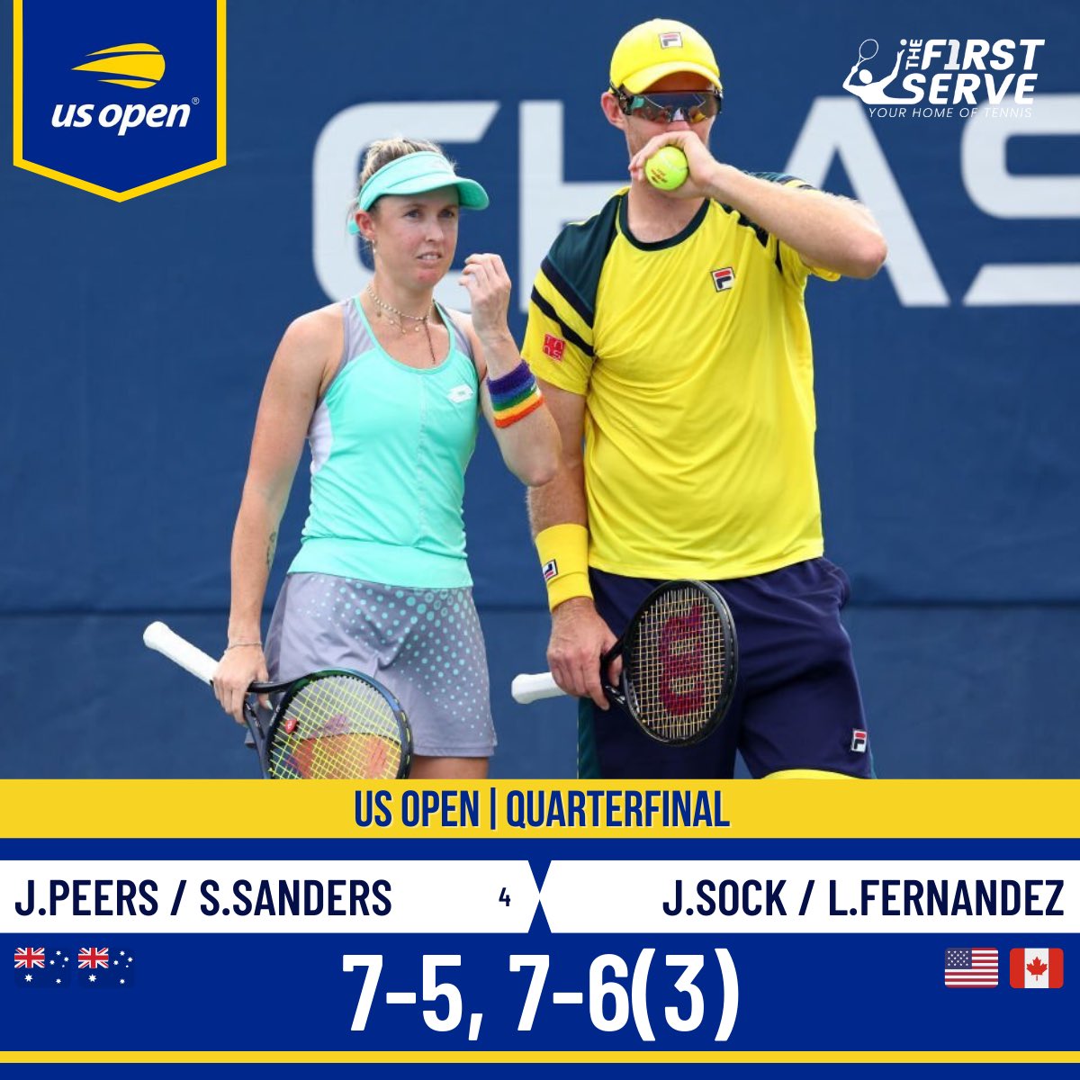 TheFirstServeAU's tweet photo. Semis bound 💥

Another solid victory seed Australian duo Storm Sanders and John Peers book their place in the #USOpen semifinals! 🔥👌🇦🇺

#TheFirstServe https://t.co/RCkSsgaIMK