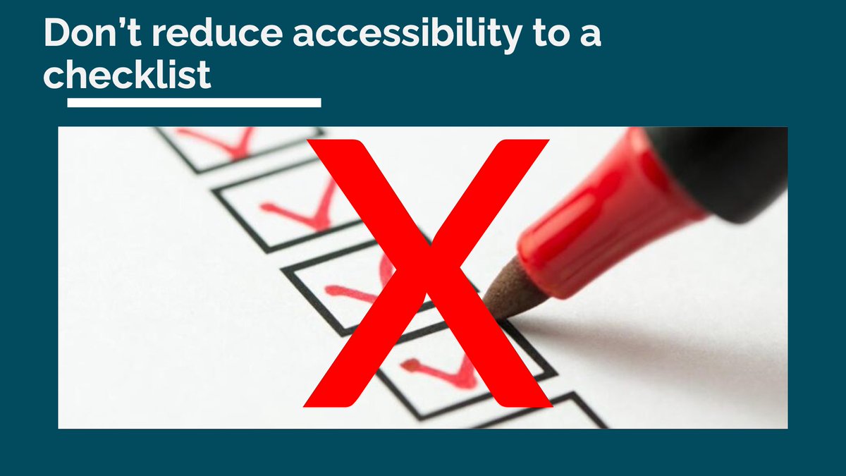 LFLegal's tweet image. Yup.  Just 2 minutes ago finished practicing my talk for tomorrow&apos;s #WebAIMConf.  Just 1 minute ago got to this slide: &quot;Don&apos;t reduce accessibility to a checklist.&quot; with a big red x over a checklist.  #a11y #webdev #ux