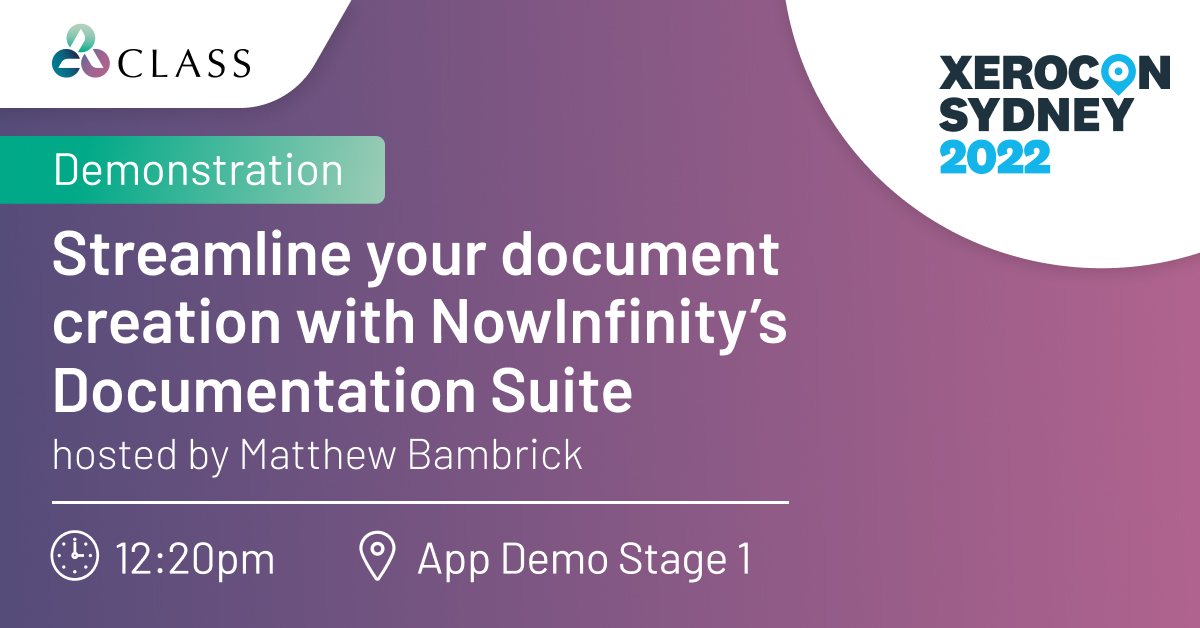 Class_Pty_Ltd's tweet photo. Join Matthew Bambrick on Day #2 @Xerocon at 12:20 pm on the App Demo Stage - How to “Streamline your document creation with NowInfinity's Documentation Suite”.
Discover the efficiencies created with integrated Class Workpapers, powered by @cloudoffis.
#xerocon #nowinfinity https://t.co/GKRSCMNjeY