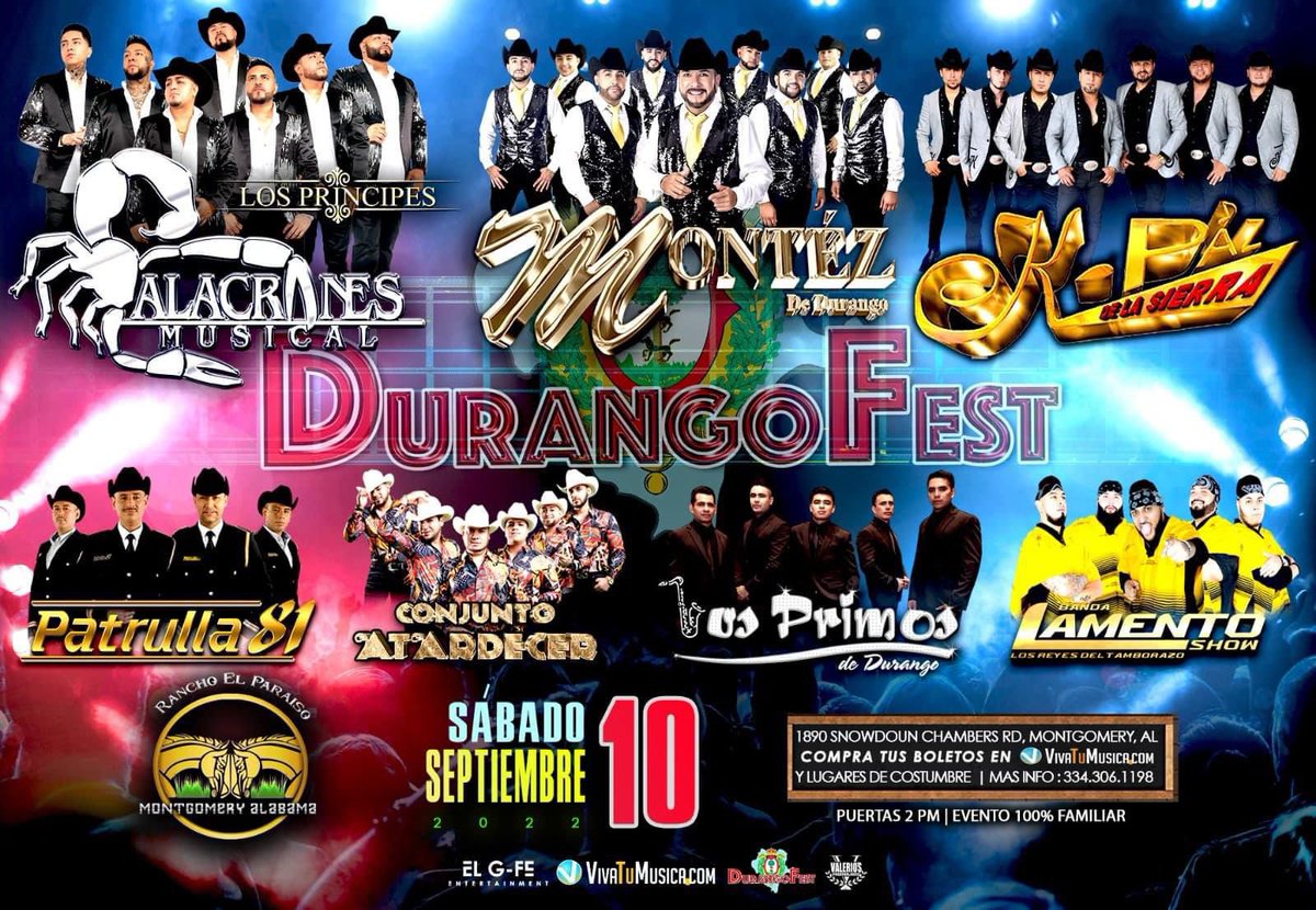 PrimosMX's tweet photo. Nos vemos este fin de semana para continuar la Gira Del @DurangoFest 🇺🇸

09 Septiembre MEMPHIS, TN
10 Septiembre MONTGOMERY, AL 
11 Septiembre LOUISVILLE, KY

#LosPrimosDeDurango #LosPrimosMX #LatinPowerMusic #DurangoFest @latinpowermusic https://t.co/6vzwFYGZA1