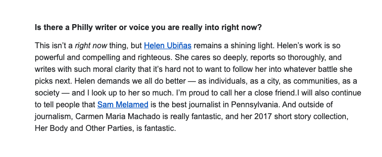 Is there a Philly writer/voice I’m really into rn? @NotesFromHeL remains a shining light. And @samanthamelamed is the best journalist in Pennsylvania. The rest of the questions — including my best and worst assignments so far (👀 @Inky_Dan) — in the @PenPencilClub newsletter.