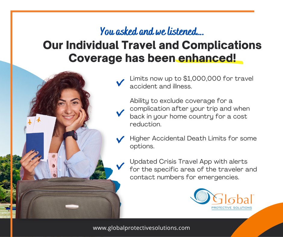 GPSMedTravel's tweet photo. Global Protective Solutions individual Travel and Complications Coverage has been enhanced!  #medicaltourism #medicaltourisminsurance https://t.co/HPDXQIecWD