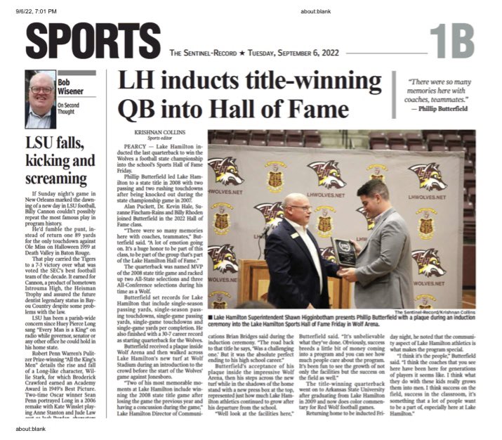 PButterfield11's tweet photo. Being inducted into the @LHSD_WOLVES Sports Hall of Fame last week was an incredible honor. Even though it feels like forever ago, my time at Lake Hamilton will always have some of the most memorable moments. https://t.co/CCWfK8JeER