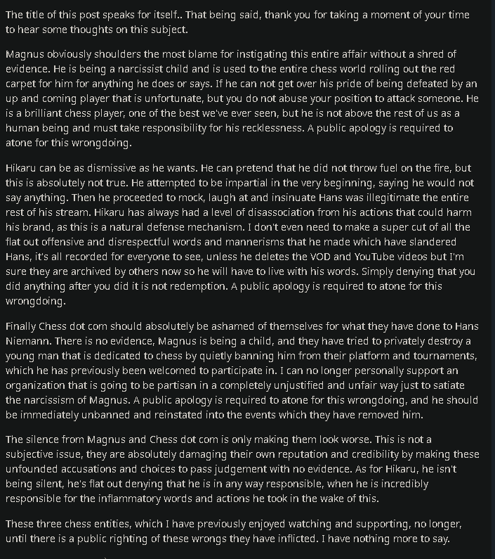 djannias's tweet photo. @MagnusCarlsen @GMHikaru and @chesscom should think about their actions and decisions and consider apologizing to @HansMokeNiemann #chess #hans #freehans #Sinquefield #cheating #hikaru https://t.co/fg6pIrnKgd
