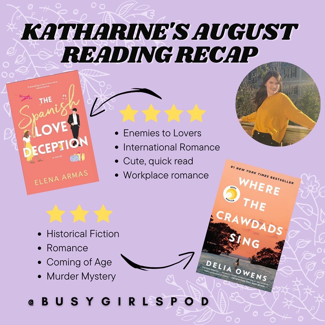 BusyGirlsPod's tweet photo. We are a little late to the game, but we wanted to share our August reading recap! 
.
#booktwt #Romance #mystery #booktok #books #books #readingrecap https://t.co/qx43mFMFSY