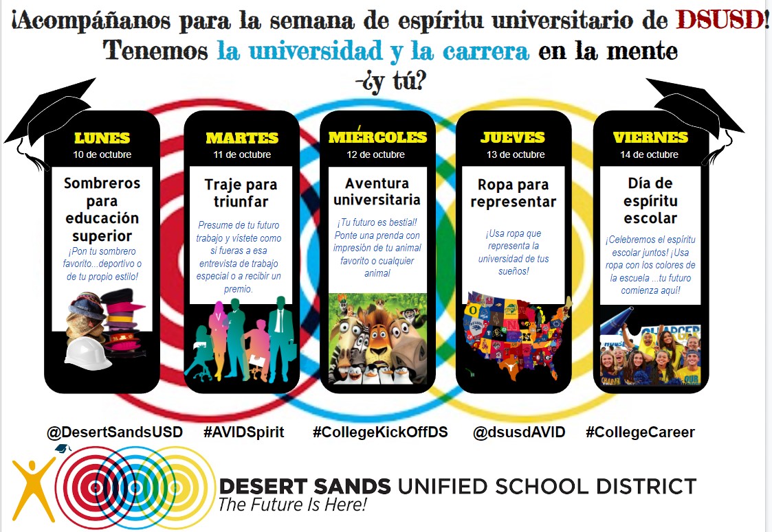 CollegeCareerDS's tweet photo. DSUSD College Kickoff Spirit week is coming soon! Wednesday is now "Wild About College" day! Can't wait to see your college spirit! @DesertSandsUSD https://t.co/JezUGg5ukZ