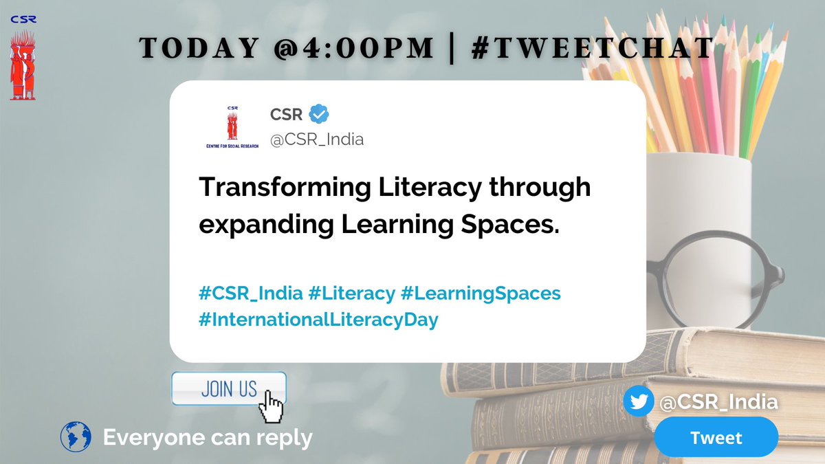 CSR_India's tweet photo. Building resilience and ensuring that every student receives a high-quality, equitable, and inclusive #Education are major goals of literacy  #LearningSpaces  
On this #InternationalLiteracyDay, Join us in the #TweetChat
⏰: 4 pm (IST)
#CSR_India #Literacy #ThrowbackThursday https://t.co/9Z1isy9hJ1