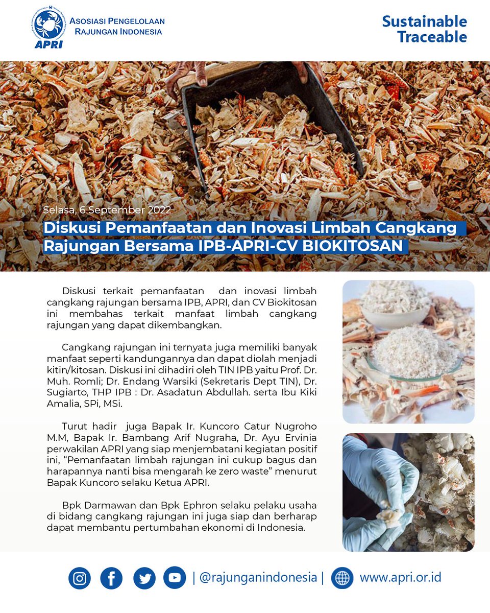 rajunganindo's tweet photo. Sudah tahu Kitosan? IPB-APRI-CV Biokitosan Gelar Diskusi Terkait Inovasi dan Pengolahan.
Ternyata cangkang rajungan memiliki manfaat dan dapat dikelola ...
#Kitosan #limbahcangkang #cangkangrajungan #APRI https://t.co/ZZL2mZdpZ0