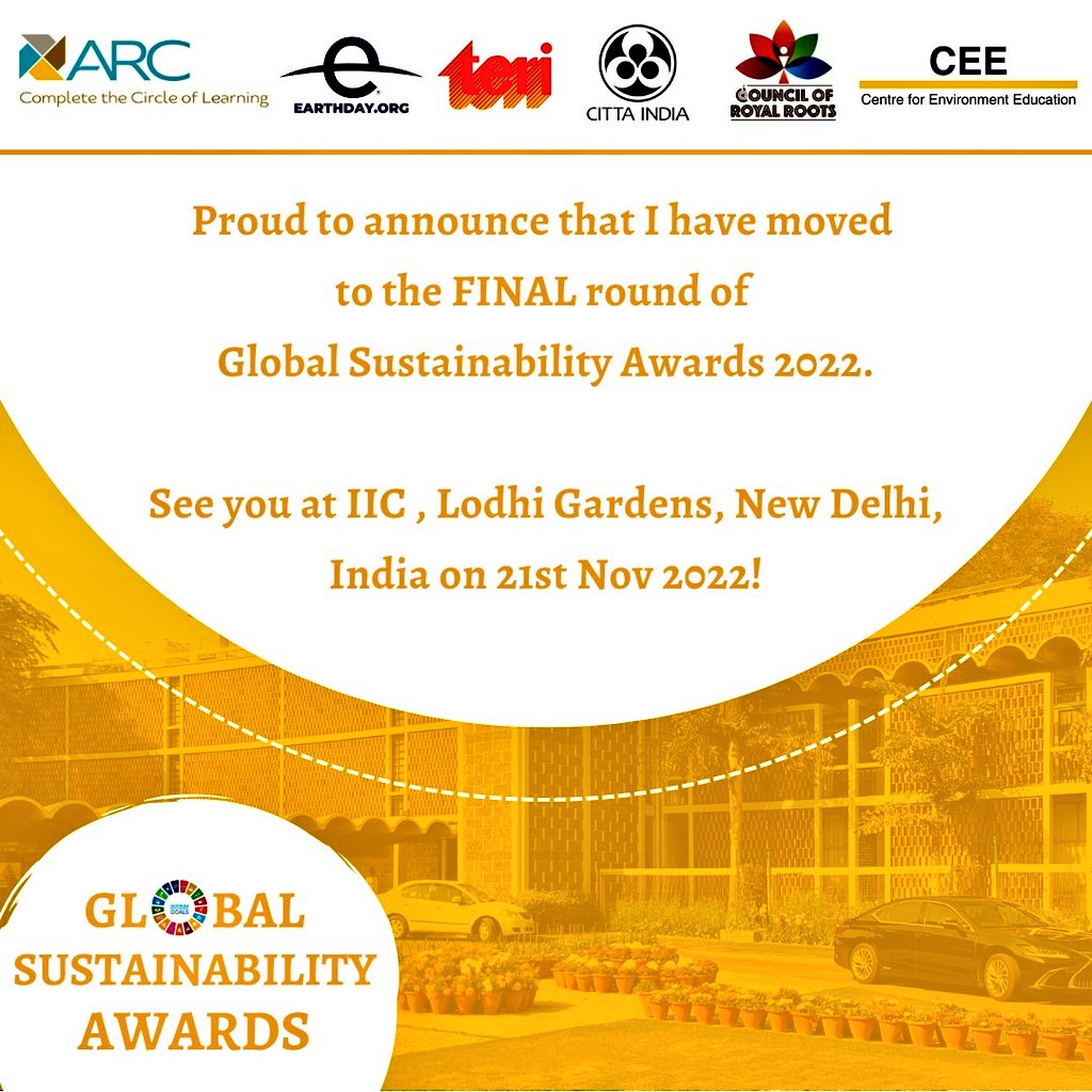 🥳🥳 Proud Moment for me. I have made it to the final round of the #GlobalSustainabilityAwards 2022. @ARCedtech @ashokkp @y_sanjay @pntduggal @ErikSolheim @OvaisSarmad @KaoHua3 @mannkibaat @KambojAnanya @AdityaDubey2003 @JanineClimate @vanessa_vash @Ritika1977 @AbhilashaTochi