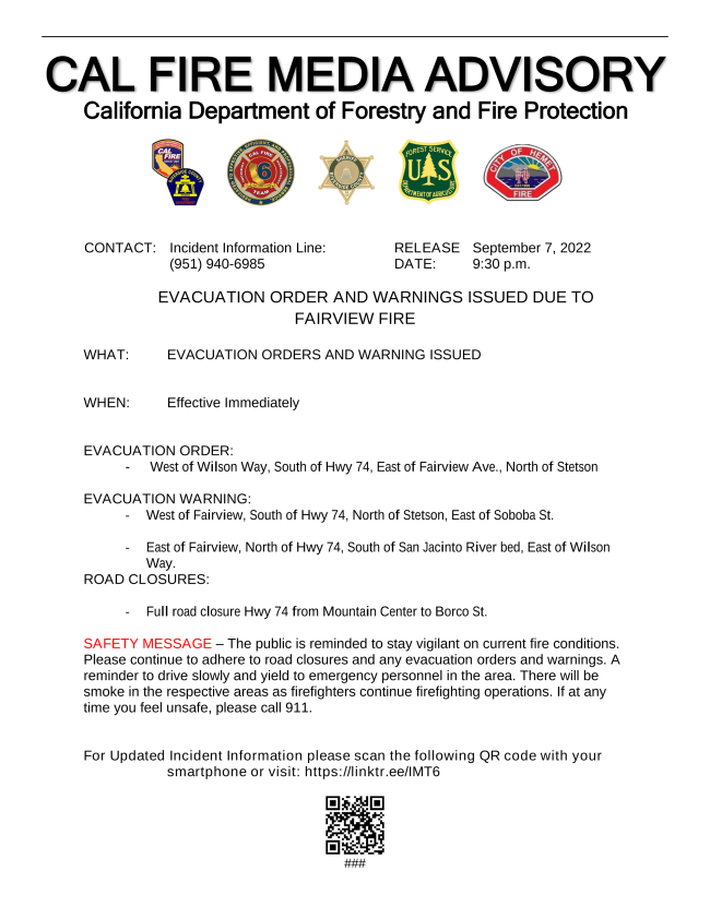 CALFIRERRU's tweet photo. EVACUATION ORDER AND WARNINGS ISSUED DUE TO FAIRVIEW FIRE

https://t.co/xsDe4BkcKe
https://t.co/DZstQaEWtB https://t.co/RbmHFSep2N