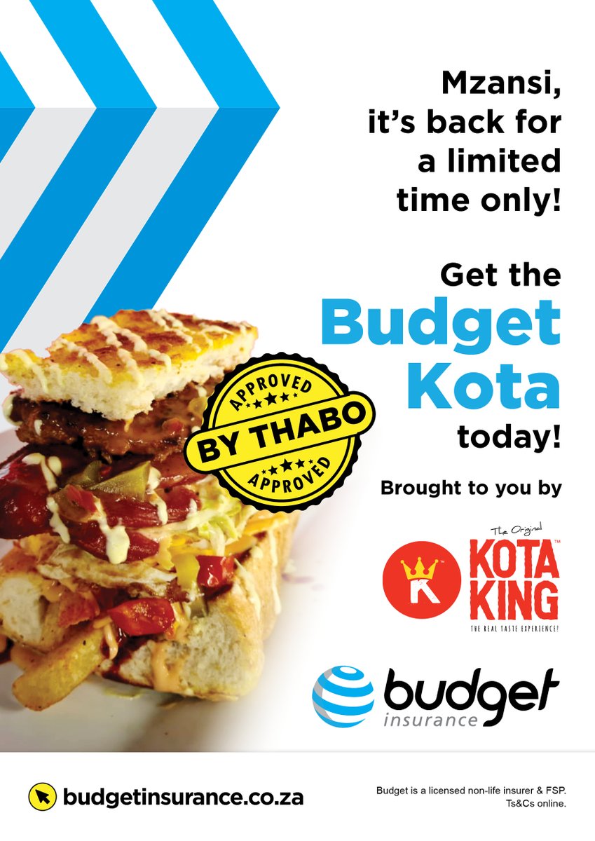 Budget Insurance (@budgetins) on Twitter photo Mzansi! Guess what?! The Thabo approved Budget Kota is back for a limited time only this Heritage month! Head down to your nearest <a href="/KotaKingSa1/">Kota King Sa</a> store and get in on the deliciousness! #BudgetKotaKing
*Note : Branches only in Soweto and Sunnypark Shopping Centre Mzansi! Guess what?! The Thabo approved Budget Kota is back for a limited time only this Heritage month! Head down to your nearest <a href="/KotaKingSa1/">Kota King Sa</a> store and get in on the deliciousness! #BudgetKotaKing
*Note : Branches only in Soweto and Sunnypark Shopping Centre