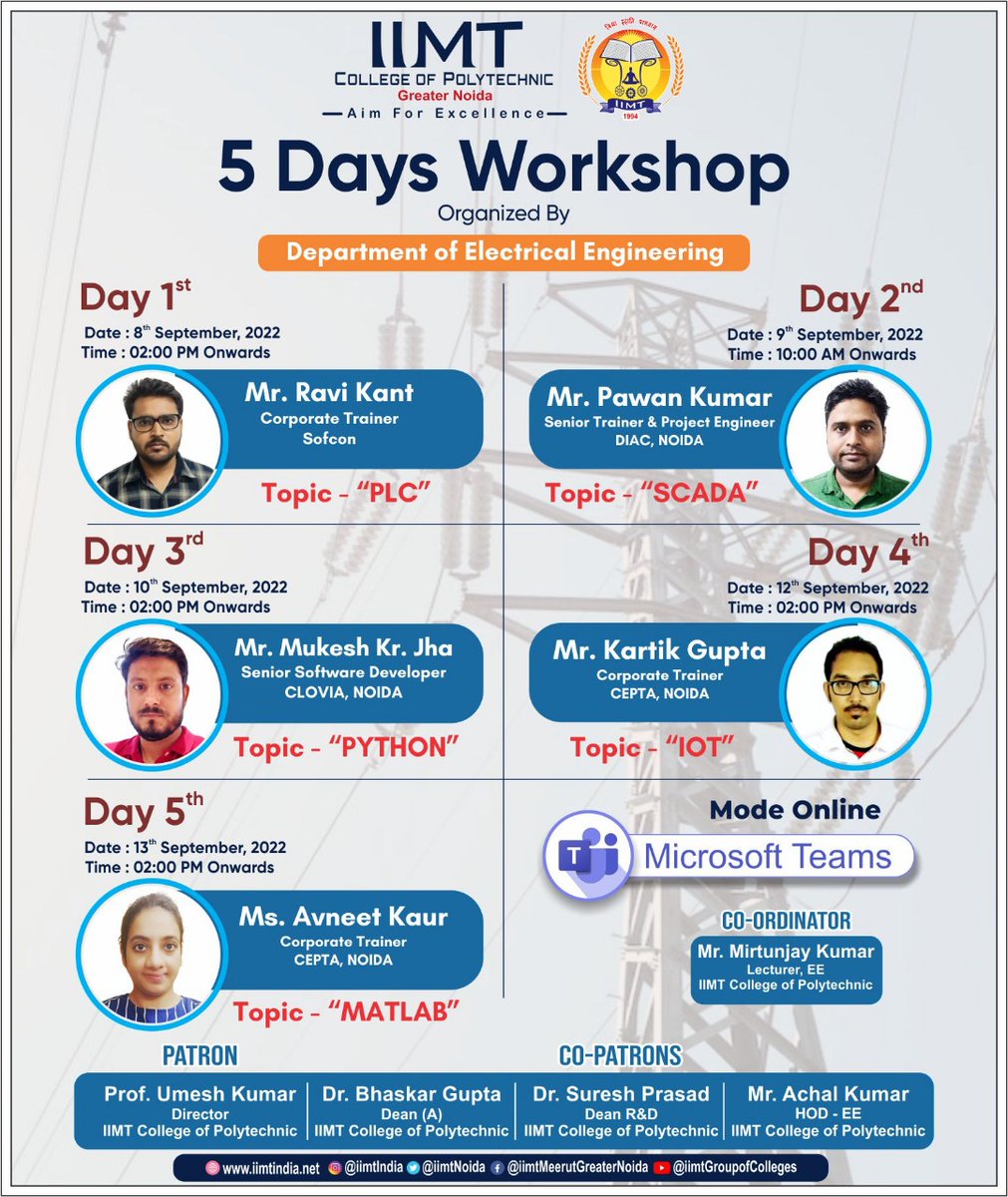 iimtnoida's tweet image. Department of Electrical Engineering, IIMT College of Polytechnic, Greater Noida organizing 5- Days Workshop form 8th September to 13th September at 2:00 PM onwards.
.
iimtindia.net
Call Us: 9520886860
#Workshop #BestPolytechnicCollege   #DiplomaInElectricalEngineering