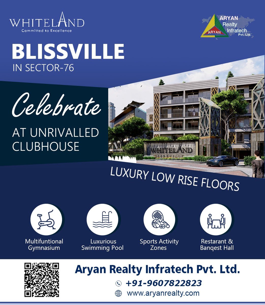 Whiteland Blissville in Sector-76
Luxury Low Rise Floors

Celebrate At Unrivalled Clubhouse

#aryanrealtyinfratech #whiteland #Launches #Sector76  #architecture #luxury #homes #newhome #property #Gurgaon #Sector76Gurgaon #commercialproperty #luxuryhomes