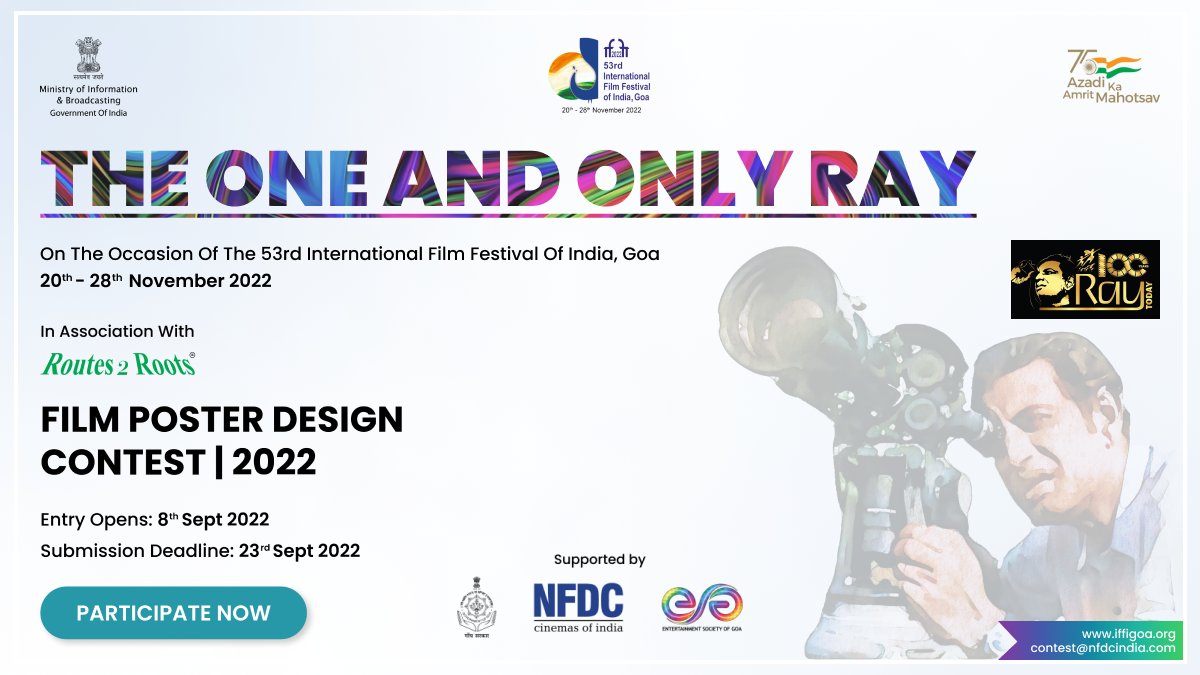 International Film Festival of India (@iffigoa) on Twitter photo On the instance of 53rd <a href="/IFFIGoa/">International Film Festival of India</a>, <a href="/nfdcindia/">NFDC India</a> opens a call for entry for online Poster Design Contest as a tribute to #SatyajitRay on the occasion of #AzadiKaAmritMahotsav.
<a href="/Routes2RootsNGO/">Routes 2 Roots</a> Apply now! For details visit - postercontest.iffigoa.org
#Ray100 On the instance of 53rd <a href="/IFFIGoa/">International Film Festival of India</a>, <a href="/nfdcindia/">NFDC India</a> opens a call for entry for online Poster Design Contest as a tribute to #SatyajitRay on the occasion of #AzadiKaAmritMahotsav.
<a href="/Routes2RootsNGO/">Routes 2 Roots</a> Apply now! For details visit - postercontest.iffigoa.org
#Ray100
