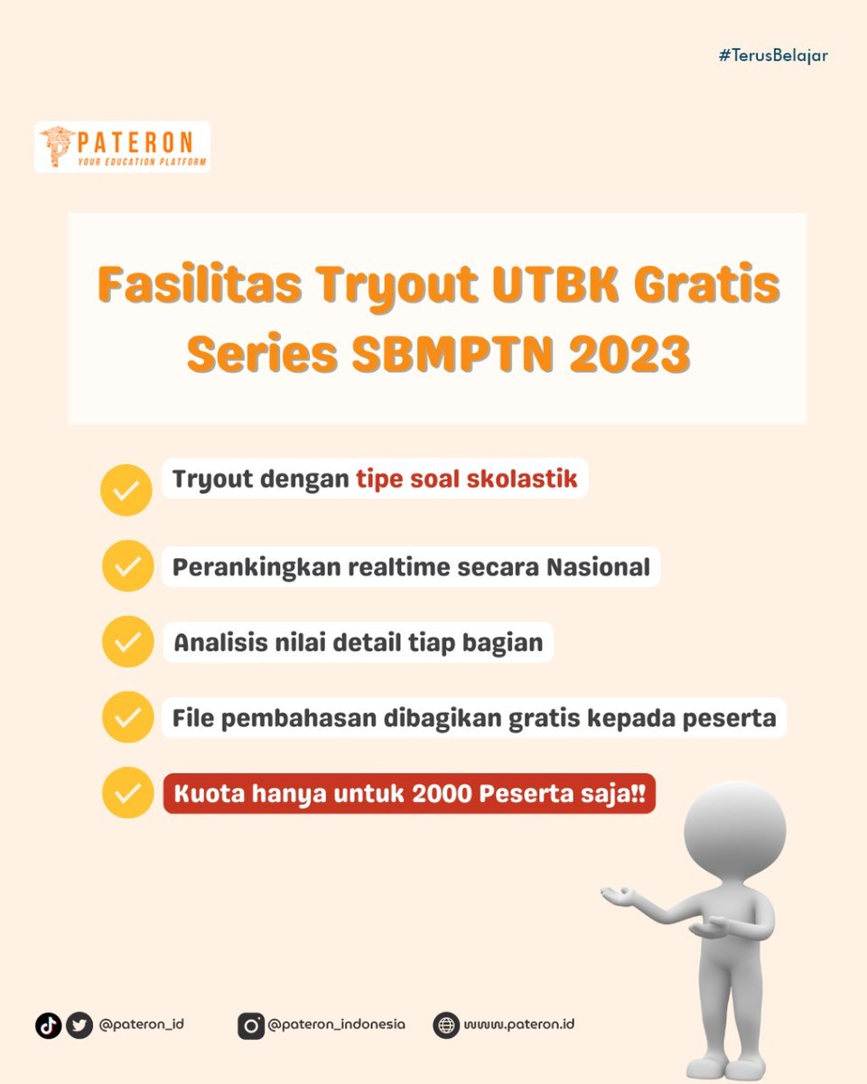 pateron_id's tweet image. Tryout Gratis Kuota 2000 Peserta 
Daftarkan dirimu di website pateron.id / aplikasi pateron Indonesia

Persyaratan Pendaftaran
1.Follow @pateron_id dan @PateronOlympiad
2.Mention 7 teman kamu dan retweet postingan ini
3.Share poster lomba ke 7 Grup WA/Medsos lain