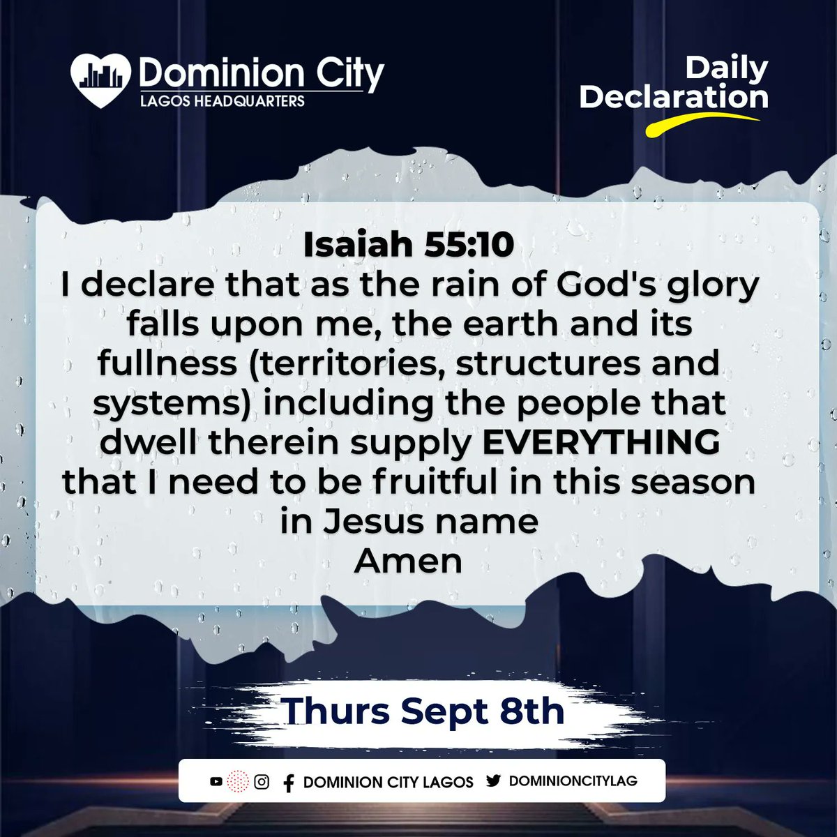 dominioncitylag's tweet photo. Everything you need to be fruitful this season, is supplied unto you In Jesus Name.
#DominionCity
#DCLagosHQ
#DailyDeclarations
#DCDeclares https://t.co/8ExRtp7mwc