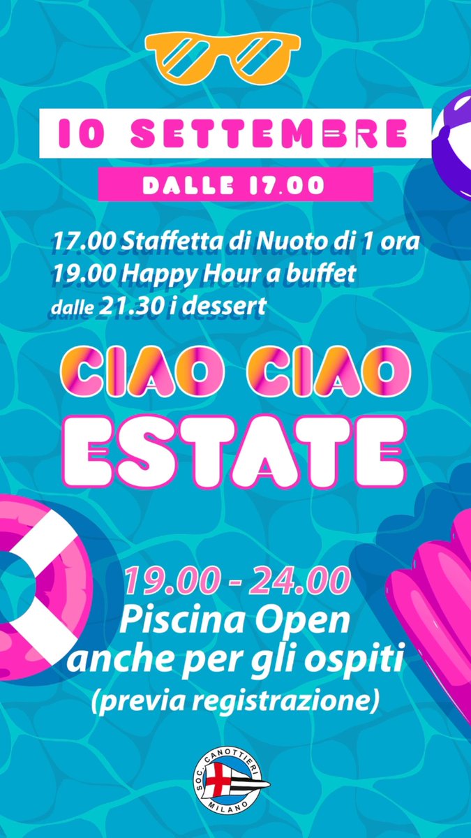 Ciao Ciao #Estate 19-24 piscina Open (previa registrazione). Per gli ospiti dei soci è sufficiente la registrazione in reception anche via email. Chi non è invitato da un/una soci* (POSTI LIMITATI !) può contattare la reception: info@canottierimilano.it 02 48952364 02 48951211