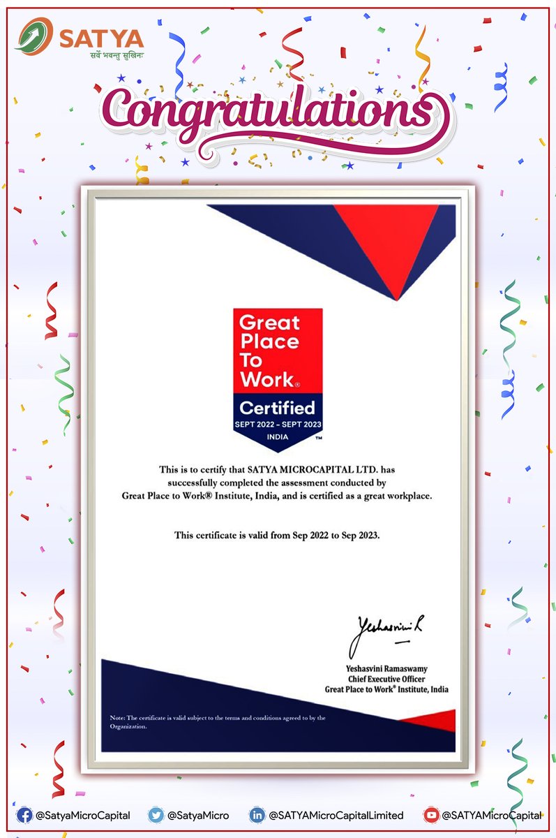 We are excited to share that SATYA has been certified as Great Place to Work® for the 2nd year in a row.

Thank you to everyone who contributed in making SATYA MicroCapital Ltd one of the greatest workplaces in the industry. 

Congratulations to Team SATYA for the success !!