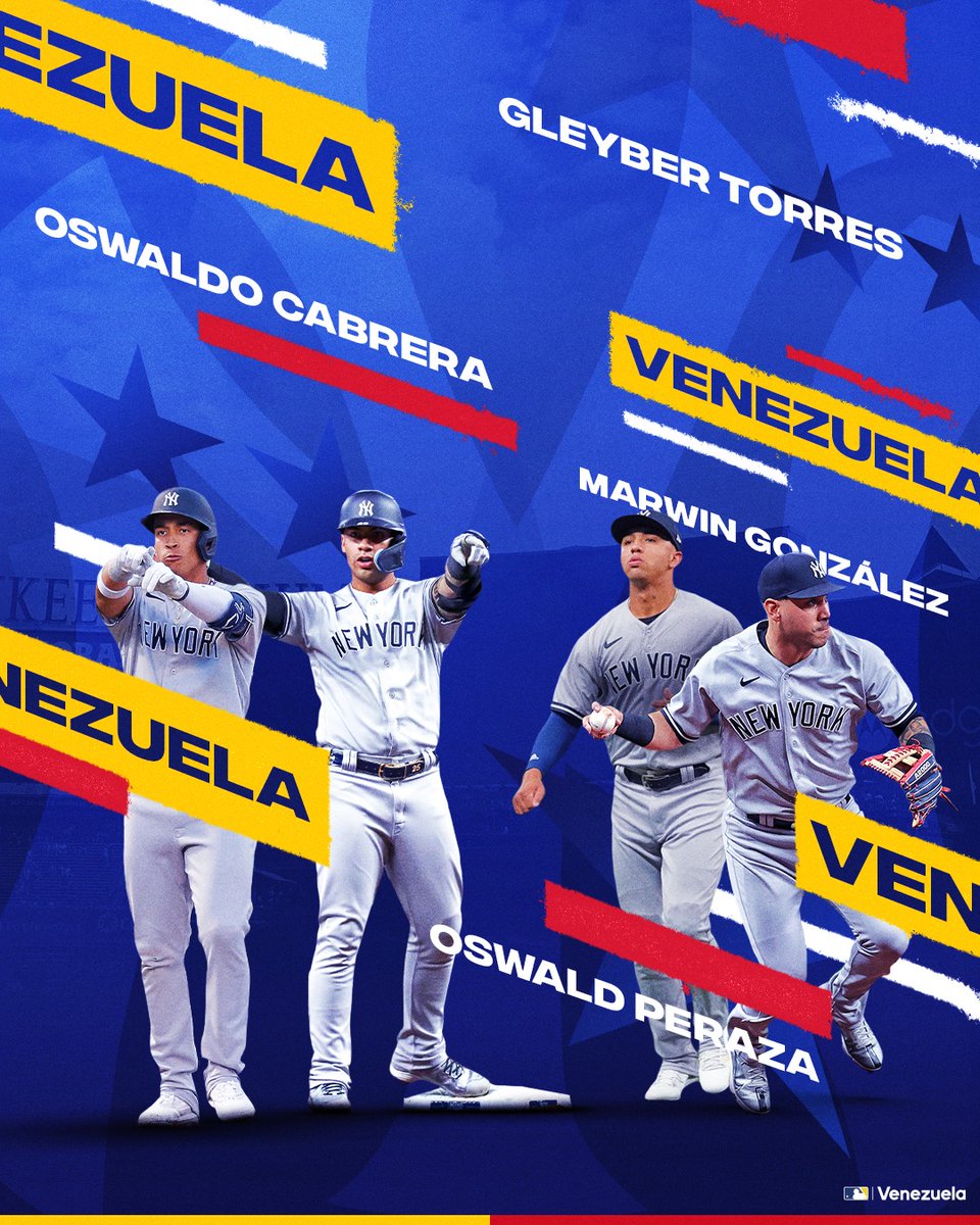 MLBVenezuela's tweet photo. ¡ALINEACIÓN HISTÓRICA! 👏 Es la 1ra vez en la historia que 4 venezolanos están en la alineación con los @Yankees_Beisbol. https://t.co/OzXoMoq2MZ