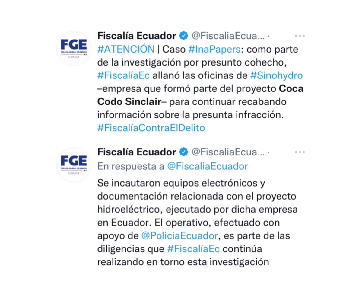 twittendencia's tweet photo. “Coca Codo Sinclair”

Porque @FiscaliaEcuador informó que se allanaron las oficinas de #Synohydro, esto, como parte de la investigación por presunto delito de cohecho. https://t.co/khjRNxLKRA