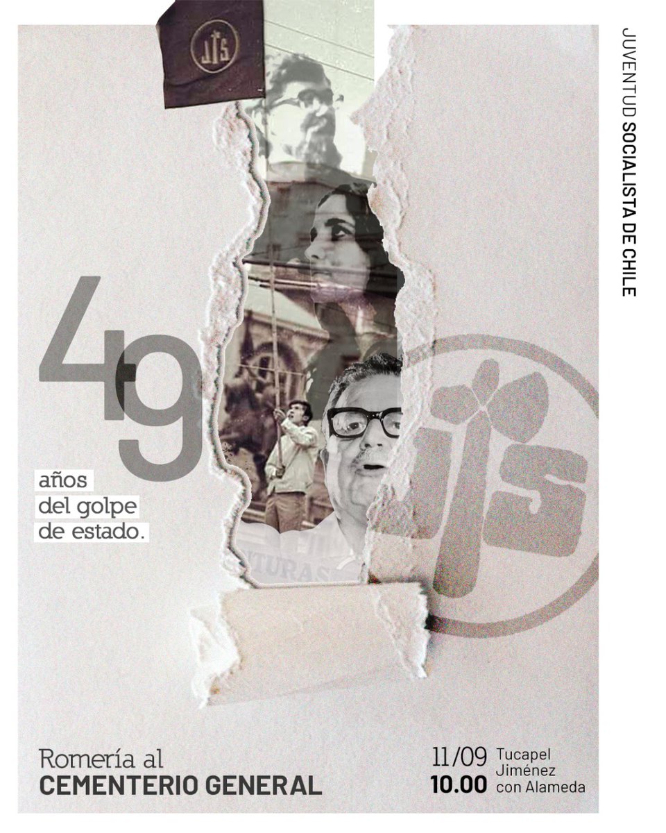 cordillerajs's tweet photo. Recordamos 49 años del Golpe de Estado:

🌹Viernes 09/09. 16 hrs. Jornada d pintura y propaganda. París 869. 

🌹Domingo 11/09. 8:30 hrs. Acto n Morandé 80. Romería n Estatua d Salvador Allende. 

🌹 Domingo 11/09. 10:00 hrs. Romería al Cementerio General. 

Juventud con memoria. https://t.co/gzTHnUrjBL