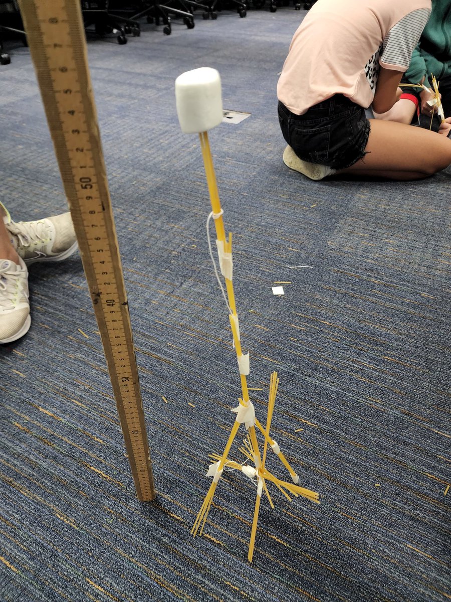 ktvance's tweet photo. #MarshmallowChallenge 2022! 30 pieces of spaghetti,  1 meter of tape, 1 meter of string, and 1 marshmallow.  How high can you go? 58 cm was our record! #egrmsInnovationLab #innovation #StemEducation #stemgineer #STEMed https://t.co/lulBnFHfTd