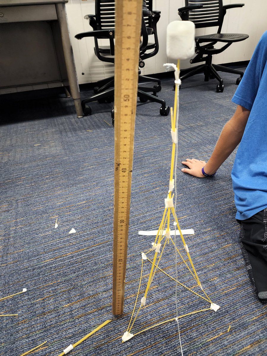 ktvance's tweet photo. #MarshmallowChallenge 2022! 30 pieces of spaghetti,  1 meter of tape, 1 meter of string, and 1 marshmallow.  How high can you go? 58 cm was our record! #egrmsInnovationLab #innovation #StemEducation #stemgineer #STEMed https://t.co/lulBnFHfTd