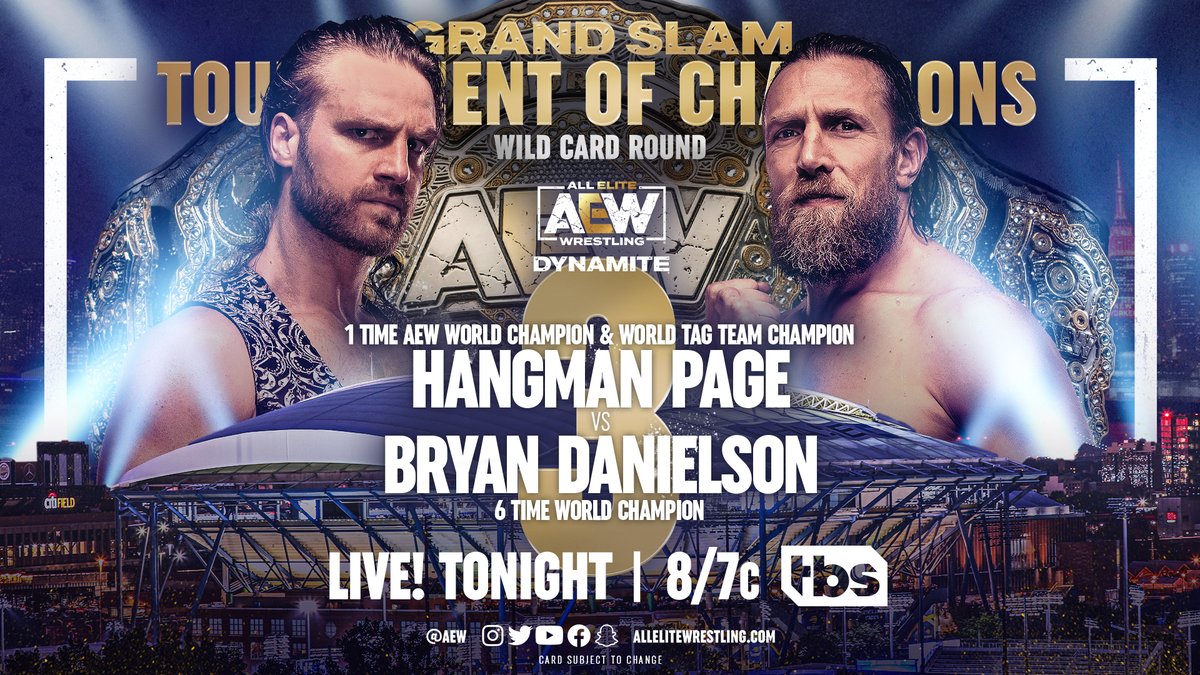 The Grand Slam Tournament of Champions begins NOW w/ the Dynamite Wild Card match! 1 Time AEW World & 1 Time AEW World Tag Team Champ @theAdamPage faces 6 Time World Champion @bryandanielson w/ the winner facing @IAmJericho next week on #AEWDynamite! Tune into TBS NOW!