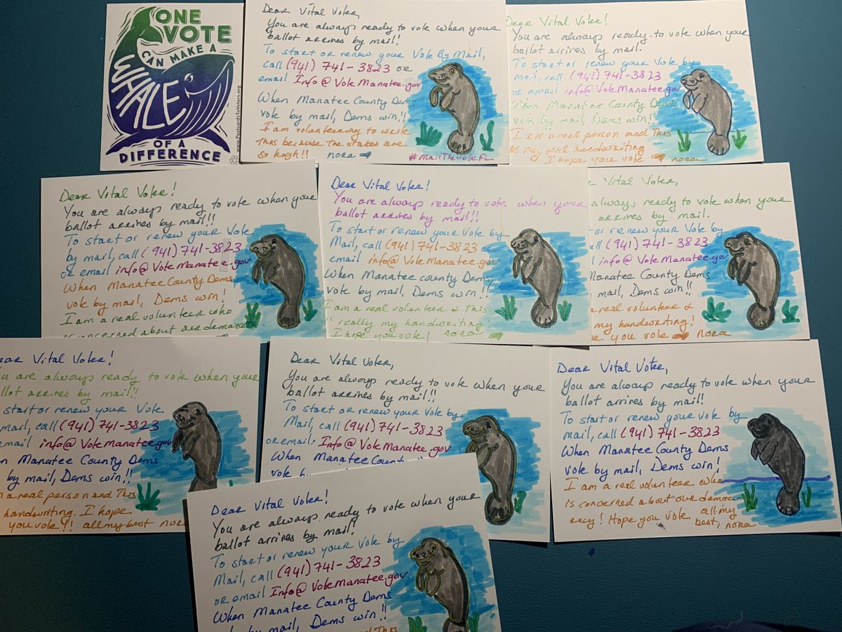 Ok, @natasharts your inspired me to go learn how to draw a manatee, thank god there was a youtube video for that :) Here are my manatees on whale #PostcardsToVoters going to FL #MailtheVoteFL