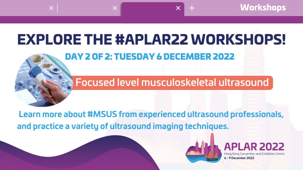 APLAR_org's tweet photo. Are you interested in learning more about #musculoskeletal ultrasound?
If so, join us at #APLAR22 for an exciting pre-congress workshop to learn about #MSUS and practice a variety of ultrasound #imagingtechniques.
More about the APLAR 2022 Workshops: https://t.co/6Cv9ywBszj https://t.co/pQsAUlKdiO
