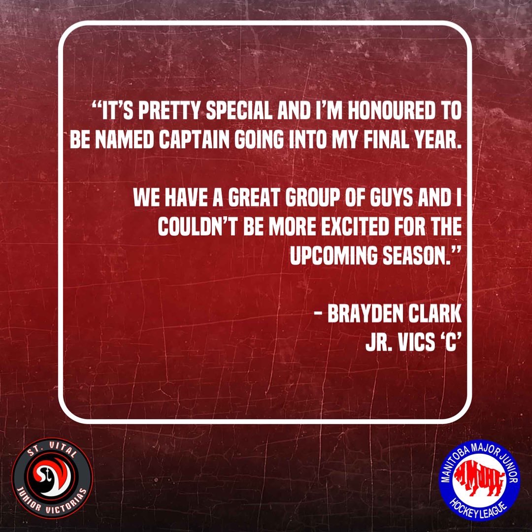 stvitaljrvics's tweet photo. 🚨ANNOUNCEMENT🚨
Your VICS have name Brayden Clark captain for the 2022/23 #MMJHL season!
Asst. Coach Ben Coppinger passes the torch to Clark as we head into training camp.
#govicsgo #captclark #leftsideheavy https://t.co/Wz337KR1te