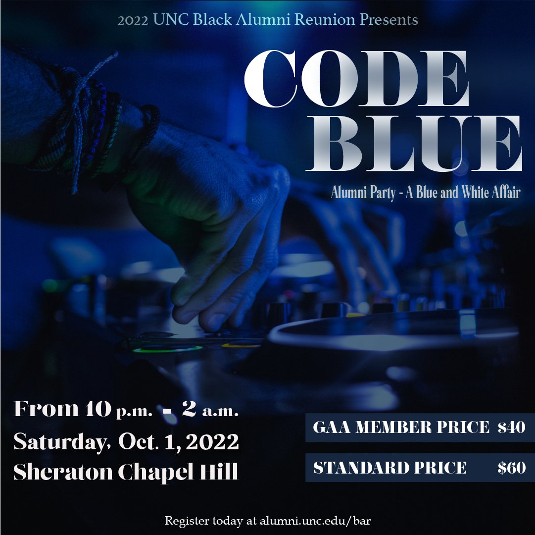uncblackalumni's tweet photo. Check out the best deal of #BAR22 weekend - two parties, one price! Purchase your tickets today for CODE BLUE and Vintage Times Late Night comedy show and after party at https://t.co/4mzgL3AMLV. Let's get it! https://t.co/GqESlk1i8U