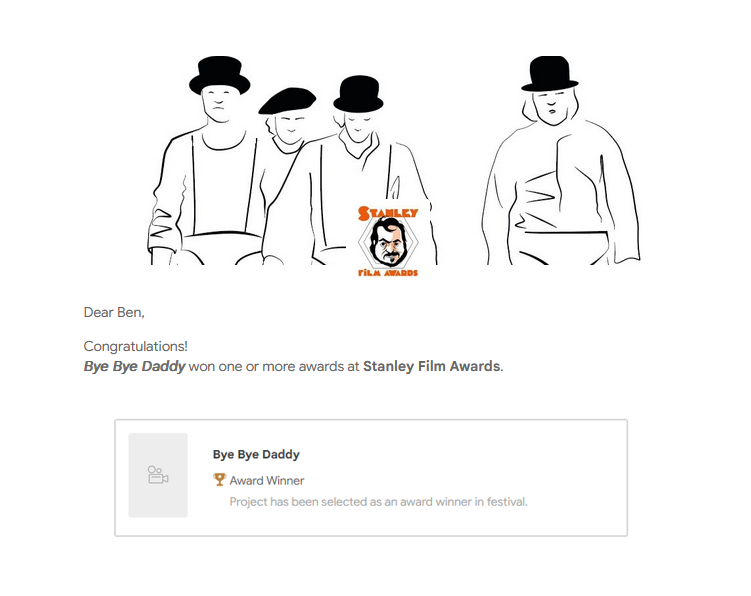 byebyedaddy2021's tweet photo. "Bye Bye Daddy" won Best Horror Short for Stanley Film Awards!

Bonus: Selected to be part of Sweet Democracy Film Awards.

#SweetDemocracyFilmAwardsfilmfestival
#StanleyFilmAwards
#shortfilm
#horror
#horrormovies
#shorthorrorfilm
#producer https://t.co/BpaQFgOwu0