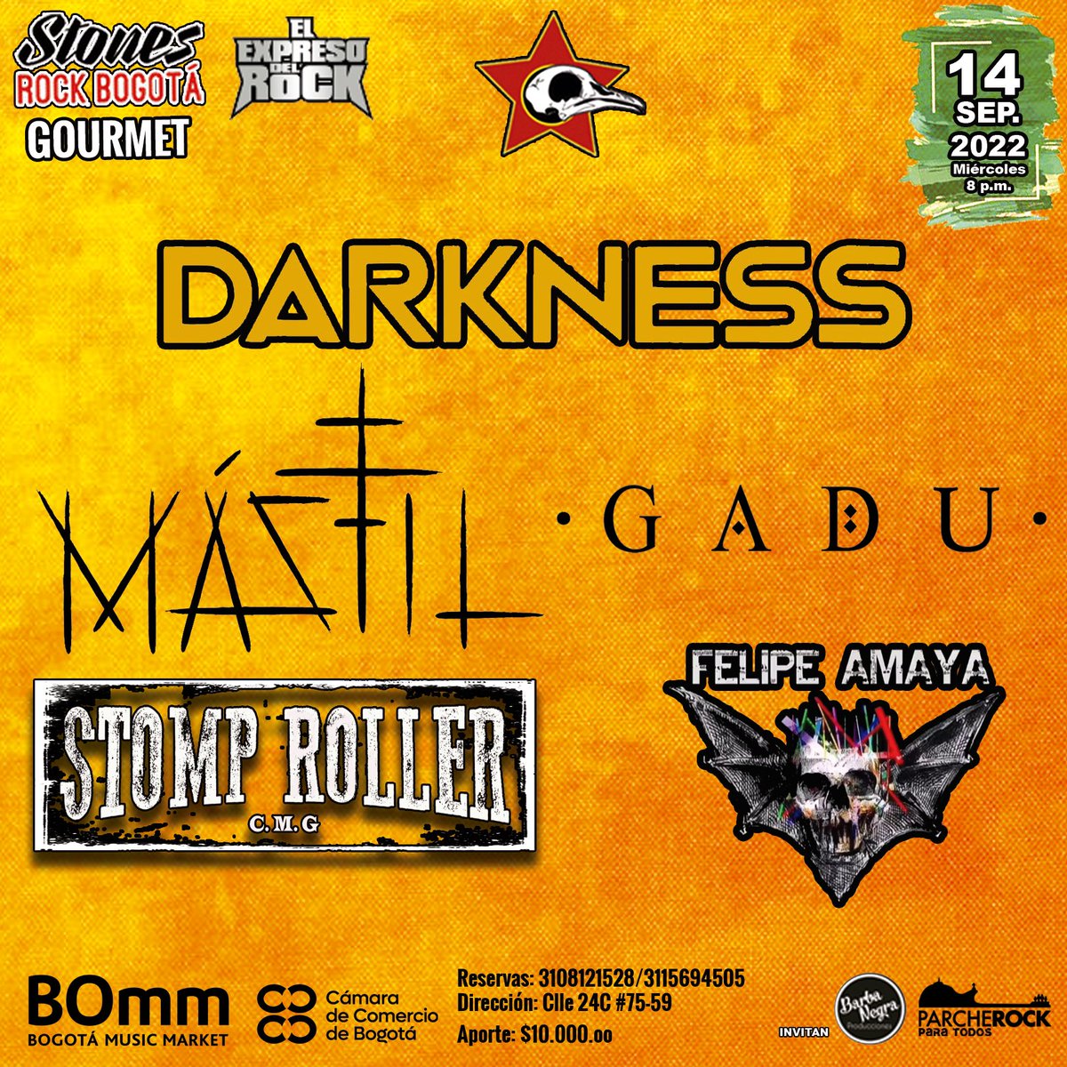 Las Noches Bomm de <a href="/BOmm_Bogota/">BOGOTÁ MUSIC MARKET</a> este 13 de Septiembre con <a href="/GaduBanda/">GADU</a> <a href="/RollerStomp/">STOMP ROLLER</a> 
<a href="/darkness_rocks/">Darkness</a> #Mastil <a href="/felipeamaya66/">Felipe Amaya</a> en 
<a href="/stonesbogota/">stonesrockbogota</a> vamos a llenar este show en la semana de la música por toda Bogotá by <a href="/Barbanegrapro/">Barba Negra Producciones</a> #Rockcolombiano <a href="/ParcheRock/">ParcheRock</a>