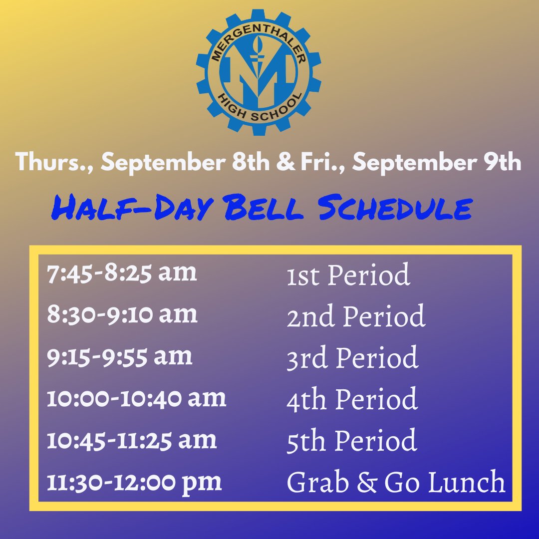 MervoPride's tweet photo. Good evening Mervo Fam, please find our updated bell schedule for Thursday and Friday. We will run a half-day schedule to ensure students and staff have more time to heal and recover. #MervoStrong #MervoTogether https://t.co/UtA1jVIRUX