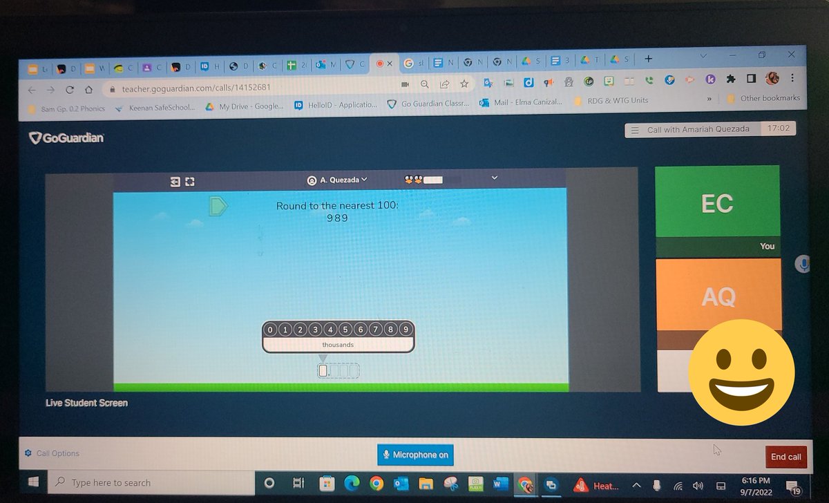 ElmaCani's tweet photo. Still love that I can use @goguardian from home and help my students. Love the feature of calling the student. I called her and I'm helping her through rounding on @STMath! @Supt_SBUSD @SBUSD_NEWS @KevinCoordt https://t.co/OFA68hXH0m