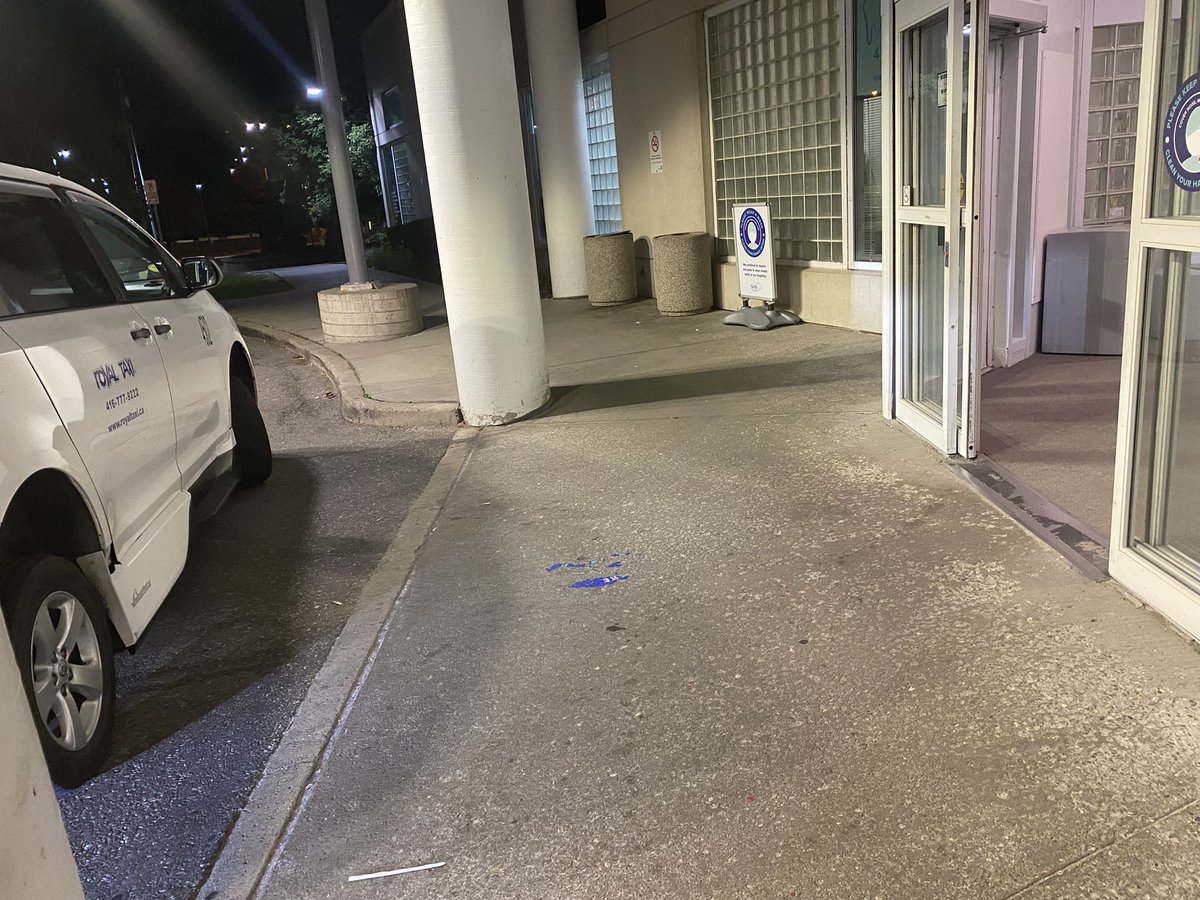 Naddzz77's tweet photo. @TTChelps is this how your drivers block hospital entrances? Others drivers don’t block the walkway like this. My father and other patients are using mobility devices how are they to get around this? https://t.co/K32oZH6SPW