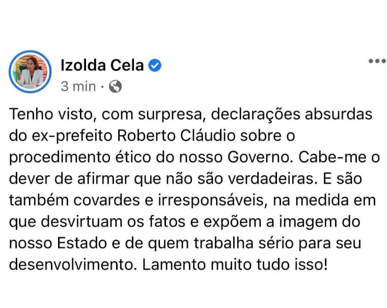 Vladyson's tweet photo. Lamentavelmente @robertoclaudio transformou a política num vale-tudo pelo poder. Violência política, misoginia, fakenews tem sido utilizado como método no submundo e agora a luz do dia! Toda solidariedade a nossa primeira mulher governadora @IzoldaCelaCe https://t.co/LmTWd6gjcb