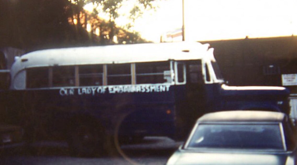 EmbosDoc's tweet photo. Our Lady of Embarrassment wasn’t the most reliable tour bus, but it was roomier than a station wagon. #embosdoc #tallgrassfilmfest https://t.co/3e61bPLFA7