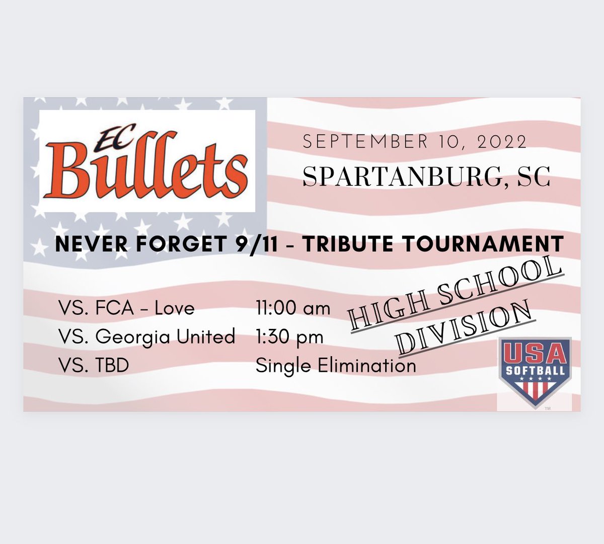 ECBulletsLowe's tweet photo. We are honored to be participating in a USA 9/11 Tribute tournament this weekend in Spartanburg. We’re entering a High School division age group for the very first time, and we can’t wait to take the field! 🇺🇸 @clifflowe04 @EastCobbBullets @PeytonHendrix33 @Ayla2027 @USASoftball https://t.co/g4bHGd3kiO