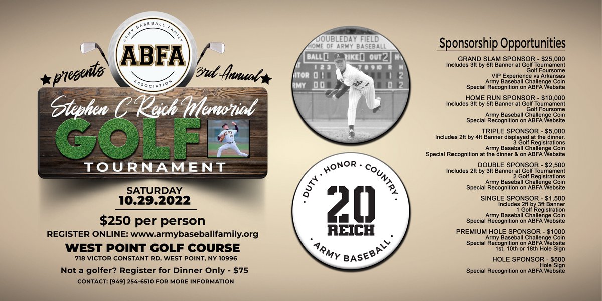 3rd Annual Stephen C Reich Memorial Golf Tournament coming soon! Register now to play or be a sponsor! armybaseballfamily.org