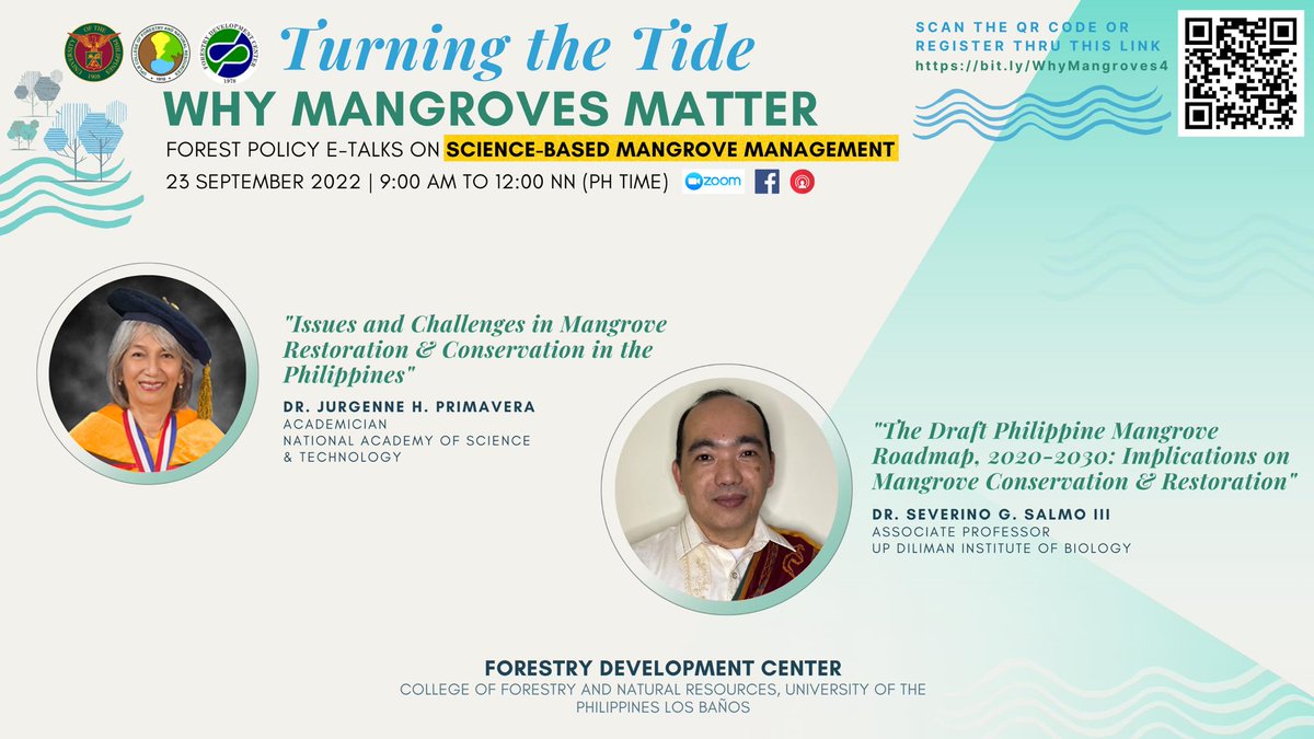 UPPublicService's tweet photo. The @UPLBOfficial Forestry Development Center encourages everyone to attend the "Turning the Tide: Why Mangroves Matter" webinar on September 23, 2022 at 9 AM via Zoom. Padayon!

Read more here: https://t.co/ga7H4Of0TL. https://t.co/4QF6efcwHI