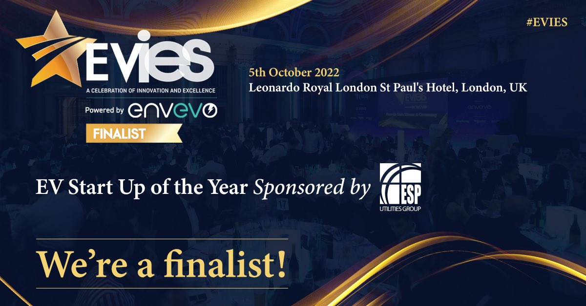 We’ve been shortlisted for Start up of the year at the Electric Vehicle Innovation &amp; Excellence Awards (EVIEs)

We're thrilled to be finalists for the awards and look forward to the event on the 5th October 2022.
More info: bit.ly/3wYJtCP

#EVIEs #EVWorldCongress #EVWC