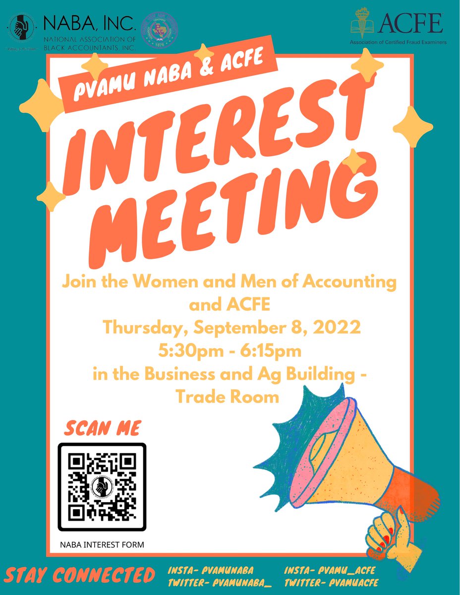 PvamuNABA's tweet photo. 📈📊PVAMU NABA &amp; ACFE Present "Our 2022 Interest Meeting" THIS THURSDAY @ 5:30pm in the Business and Ag Building - Trade Room‼️ Come hear about the PV NABA Women and Men of Accounting and ACFE. https://t.co/A5LJ9lHkdy