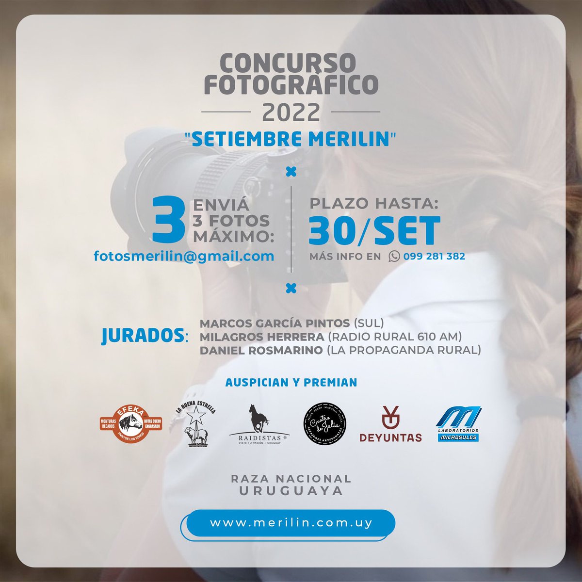 merilinuy's tweet photo. Concurso Fotográfico “Setiembre MERILIN”
Jurados:
Milagros Herrera - @MhPromociones
Marcos García Pintos - @MarcosGP10
Daniel Rosmarino
Más info: 099 281 382
Auspician:
@Raidistas_uy @LabMicrosules @CuatrodeJulia #DeYuntas #LaBuenaEstrella #EfeKa https://t.co/Y7nlZRop0P