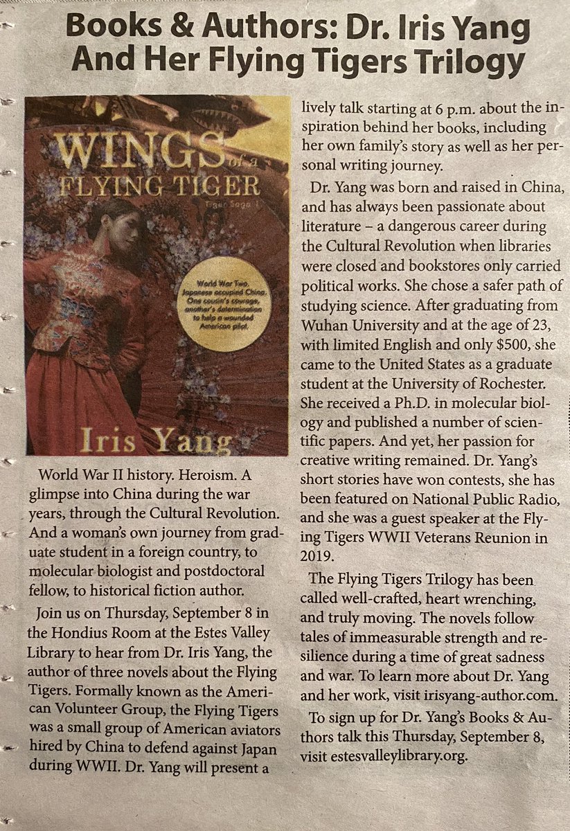 Here’s an article in Estes Park News about my book presentation tomorrow at The Estes Valley Library (Sept 8 at 6pm). 
Wings of a Flying Tiger 
Will of a Tiger 
Legacy of the Tigers 
<a href="/OpenBooksTitles/">Open Books</a>