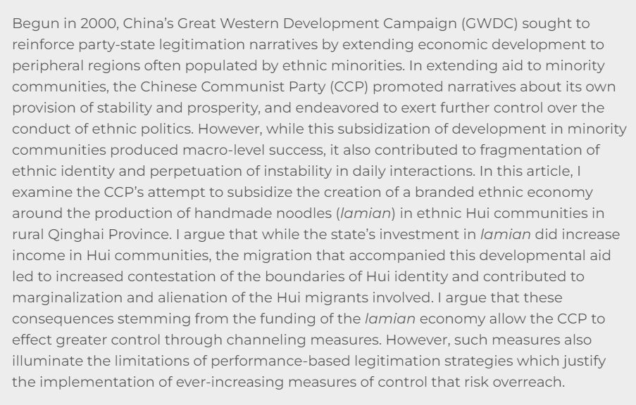 cpcs_journal's tweet photo. JUST PUBLISHED: A Not-So-Simple Noodle Story: Authoritarian Legitimation, Everyday Hui Ethnicity, Migration, and the “Lamian Economy” in Northwest China, by David R. Stroup (@davidstroup) 

Free to access for one week:
https://t.co/IJCRc7nAtq

#China #HuiMuslims #ethnicpolitics https://t.co/aYPZ8ALv4H