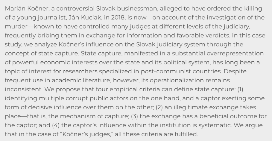 cpcs_journal's tweet photo. RECENTLY PUBLISHED: Kočner’s Judges: Case Study of State Capture, by Petra Sliepková & Aneta Pinková
Free to access for one week:
https://t.co/vnQLYZYHU1
#Slovakia #statecapture #Kocner https://t.co/ZFJih92RLt